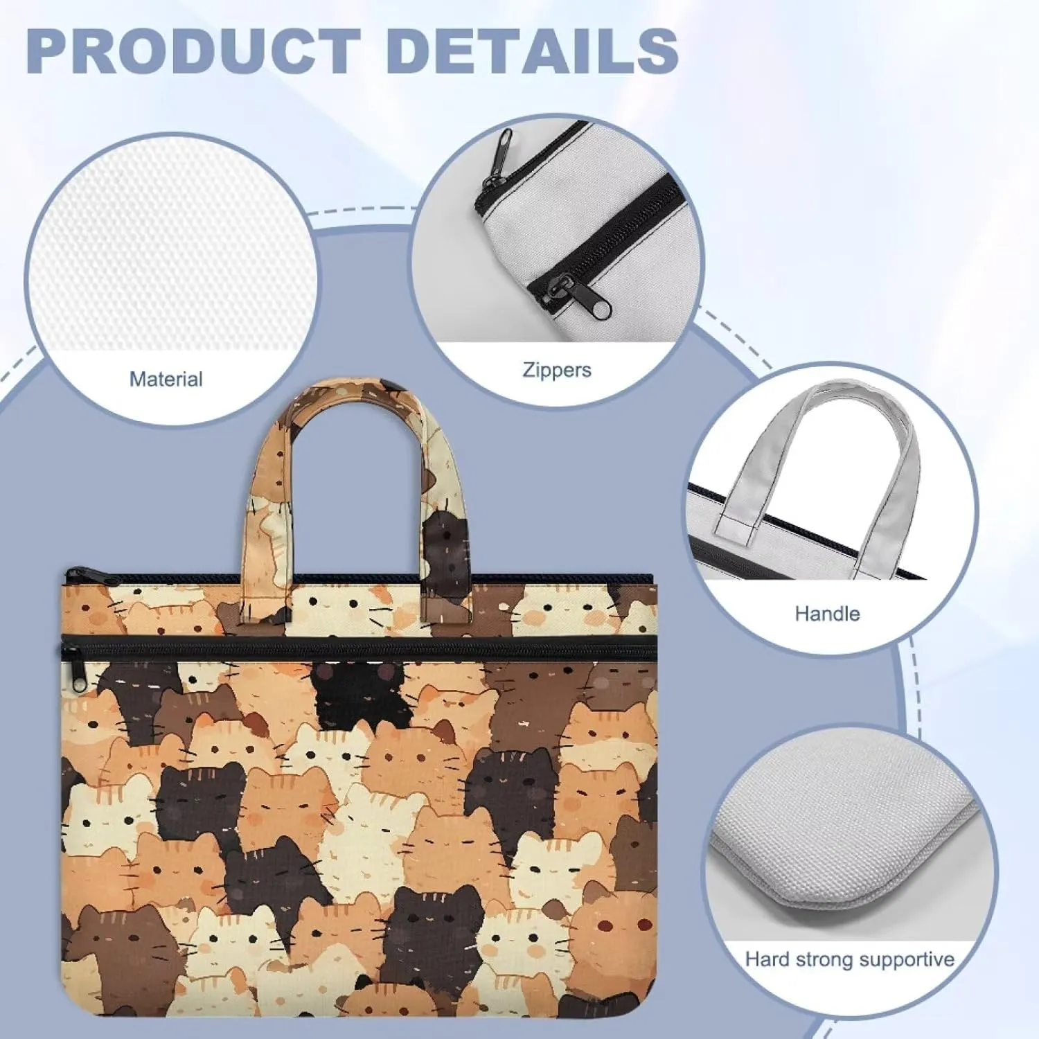 Cat Document Storage Bag with Zipper File Storage Bag Portable Portfolio with Double Compartments Handle Bag Briefcase Safe Home Office Travel Hold
