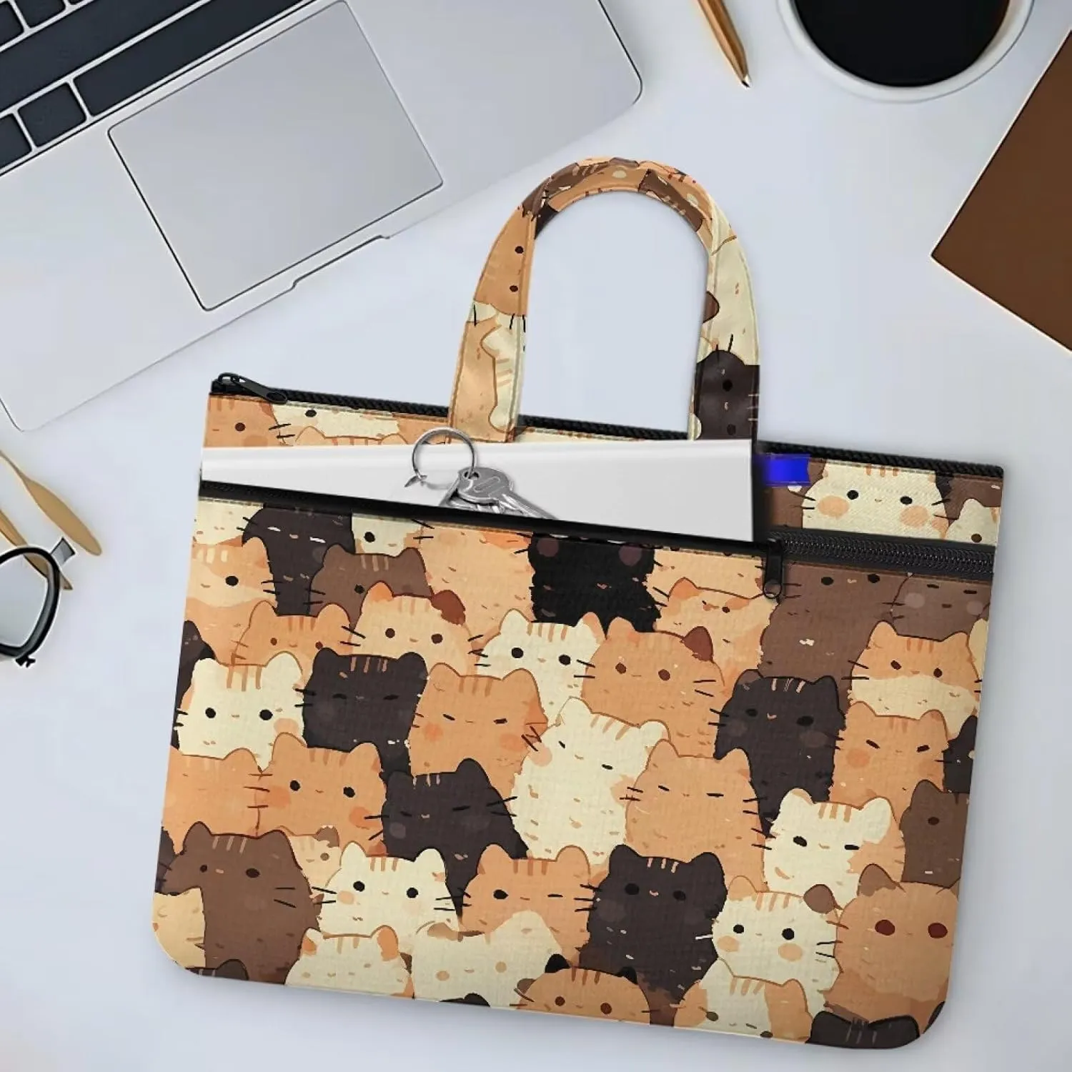 Cat Document Storage Bag with Zipper File Storage Bag Portable Portfolio with Double Compartments Handle Bag Briefcase Safe Home Office Travel Hold