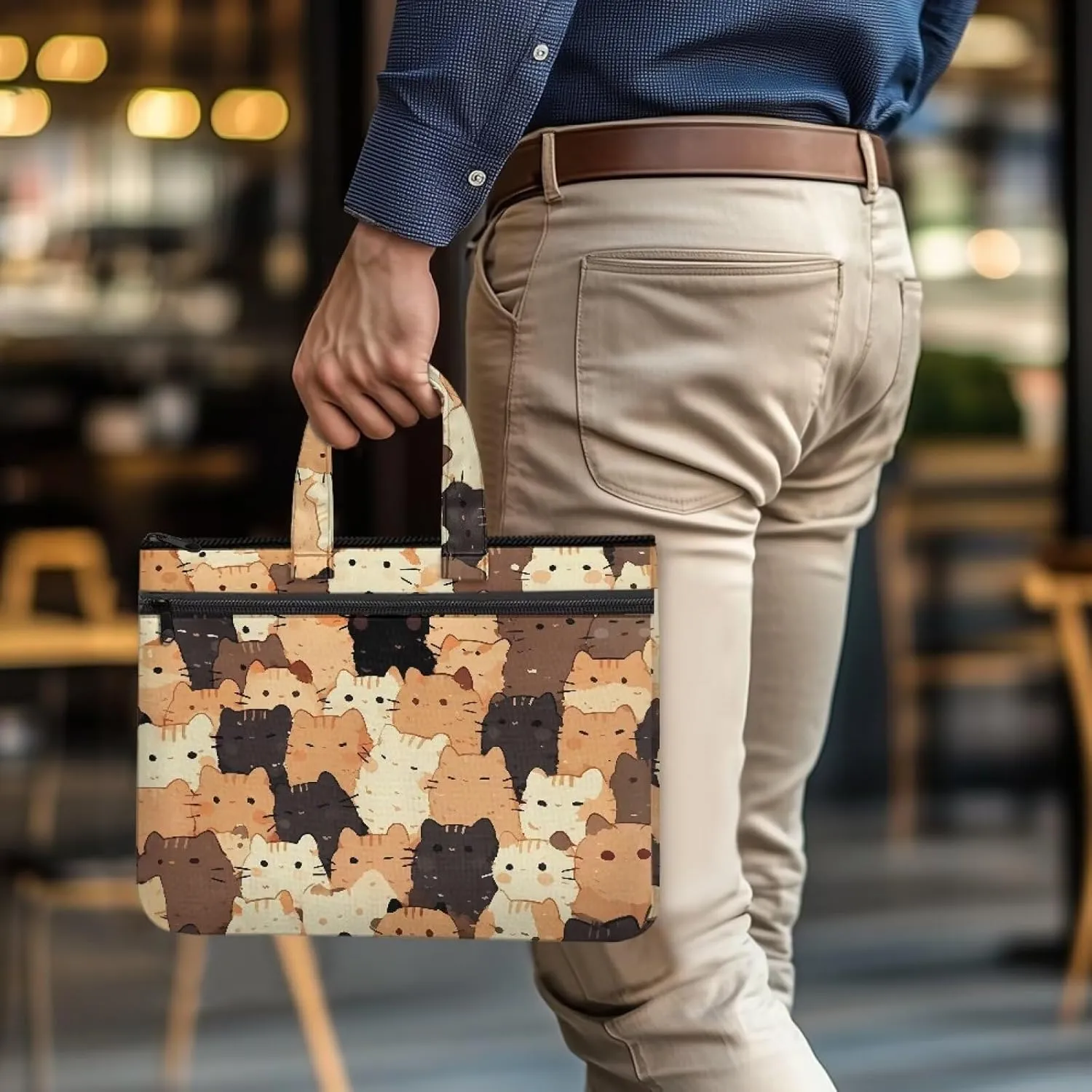 Cat Document Storage Bag with Zipper File Storage Bag Portable Portfolio with Double Compartments Handle Bag Briefcase Safe Home Office Travel Hold