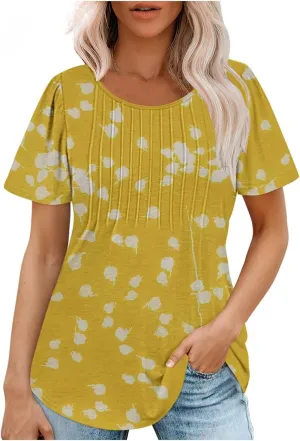 Ceboyel Womens Boho Summer Tops 2024 Pleated Scoop Neck T Shirts Loose Fit Floral Blouse Dressy Casual Ladies Trendy Clothing