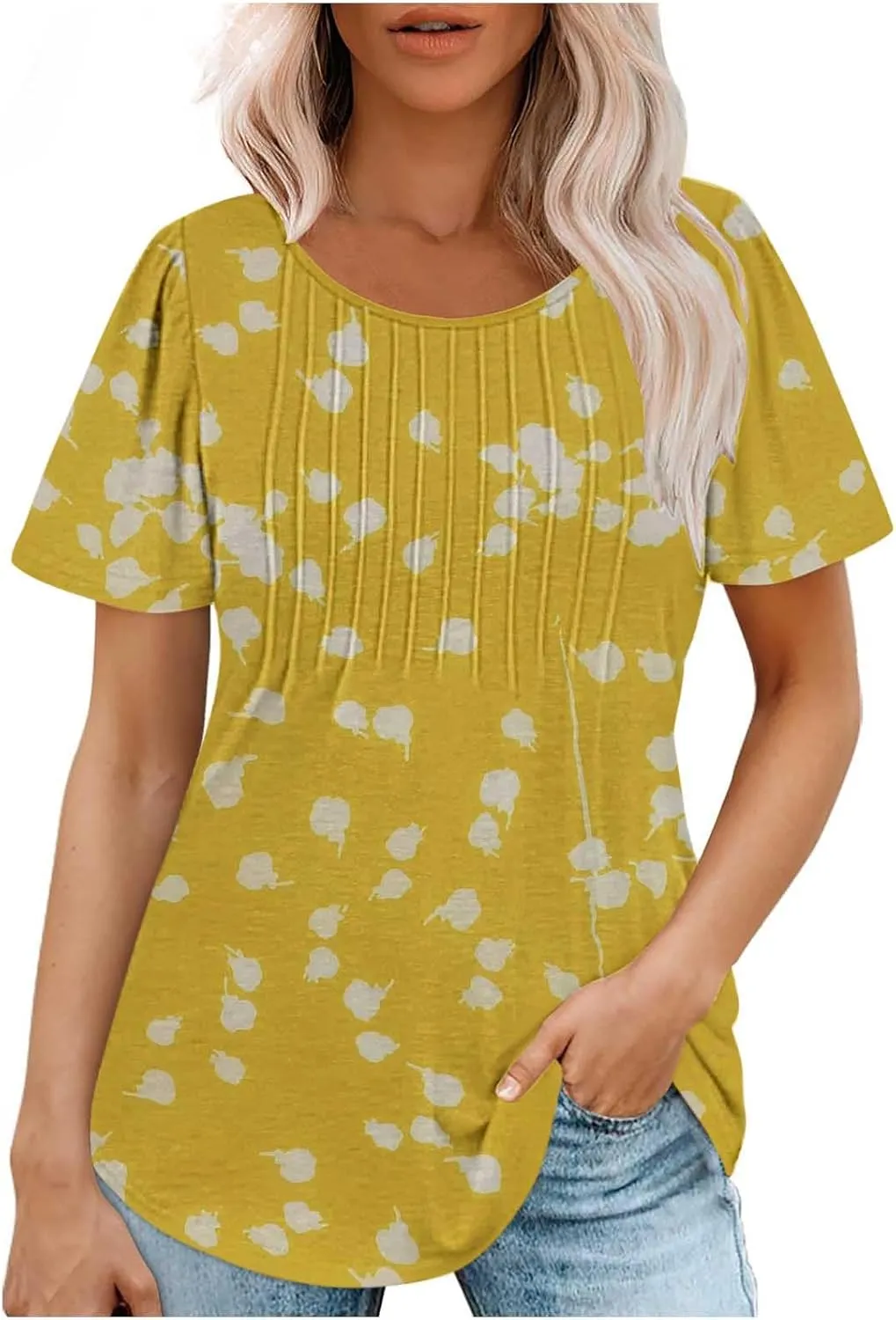 Ceboyel Womens Boho Summer Tops 2024 Pleated Scoop Neck T Shirts Loose Fit Floral Blouse Dressy Casual Ladies Trendy Clothing