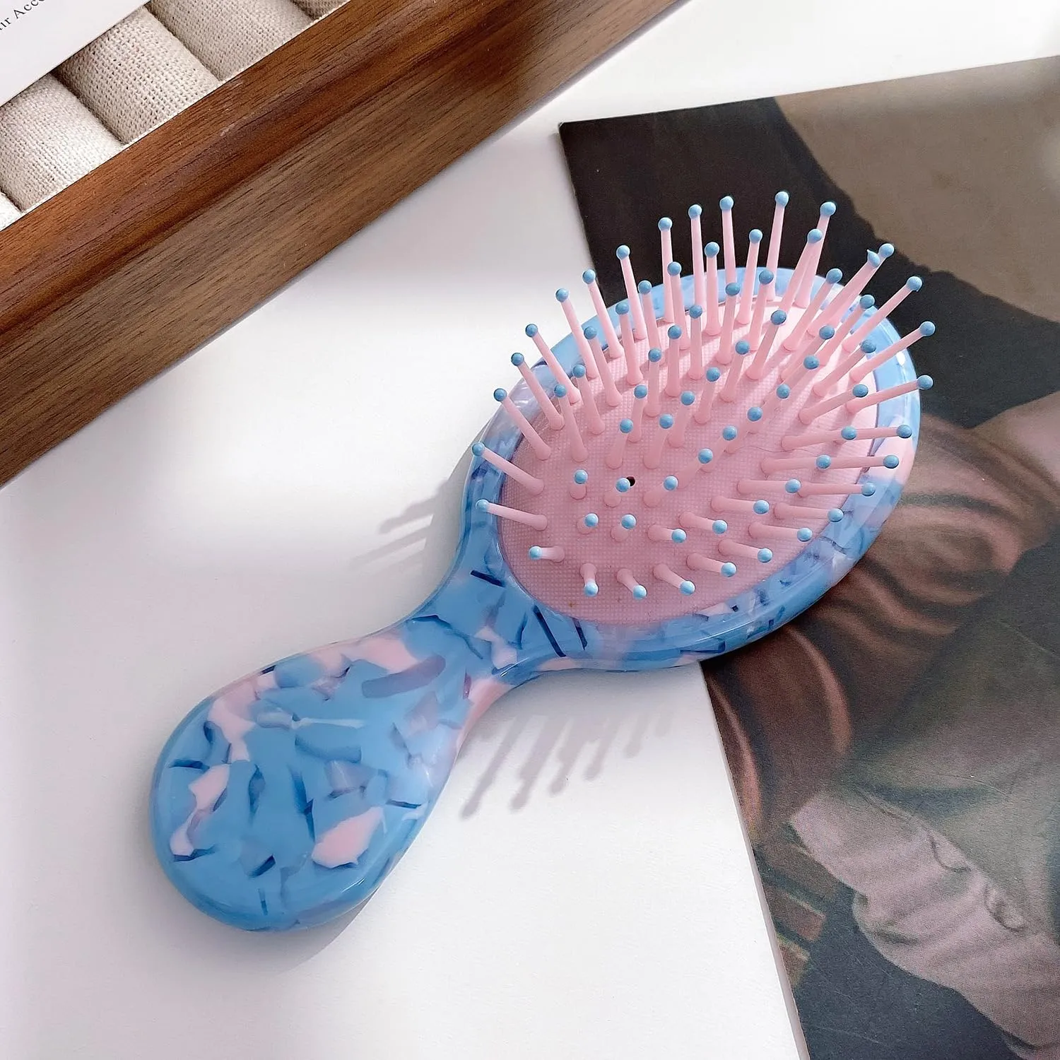 Cellulose Acetate Handle Hair Brush, SINIDE Mini Cushion Massage Hair Comb for Women Men Ladies, Travel Size Hairbrush Accessories for Straight Long Short Hair