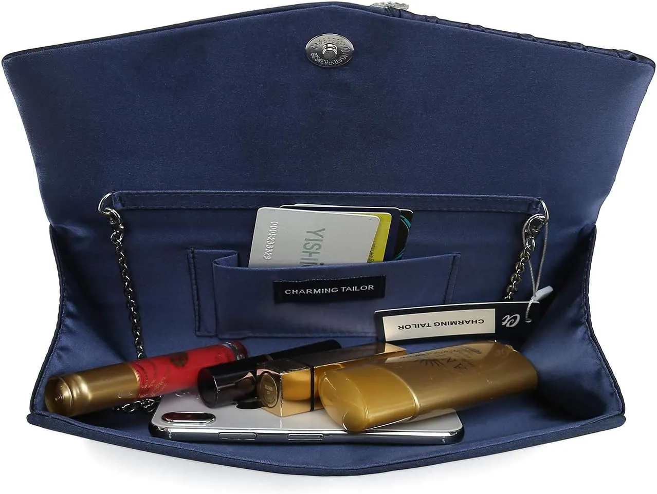 CHARMING TAILOR Evening Handbag Crystal Embellished and Pleated Satin Clutch