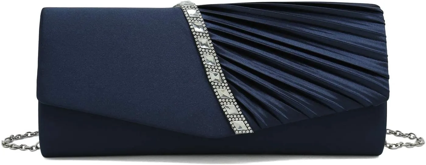 CHARMING TAILOR Evening Handbag Crystal Embellished and Pleated Satin Clutch