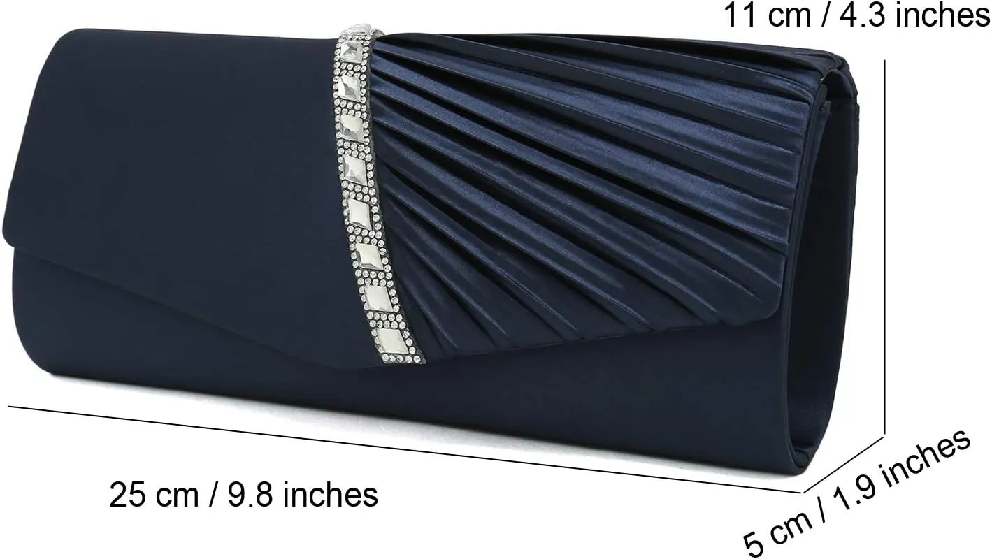 CHARMING TAILOR Evening Handbag Crystal Embellished and Pleated Satin Clutch