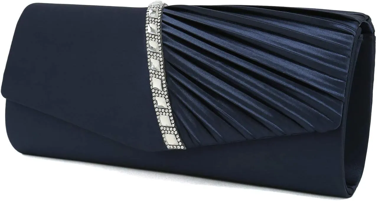 CHARMING TAILOR Evening Handbag Crystal Embellished and Pleated Satin Clutch