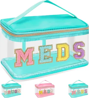 Chenille Letter Bag Clear MEDS Makeup Pouch, Preppy Small Medicine Bag Travel Drugs Pills Zipper Pouch with Handle, Nylon Waterproof Portable Meds Bag Toiletry Organizer for Patient Nurse(MEDS-Green)