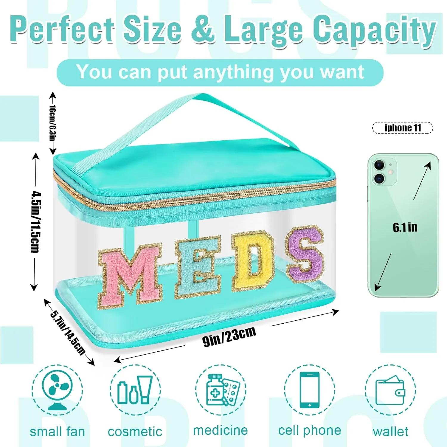 Chenille Letter Bag Clear MEDS Makeup Pouch, Preppy Small Medicine Bag Travel Drugs Pills Zipper Pouch with Handle, Nylon Waterproof Portable Meds Bag Toiletry Organizer for Patient Nurse(MEDS-Green)