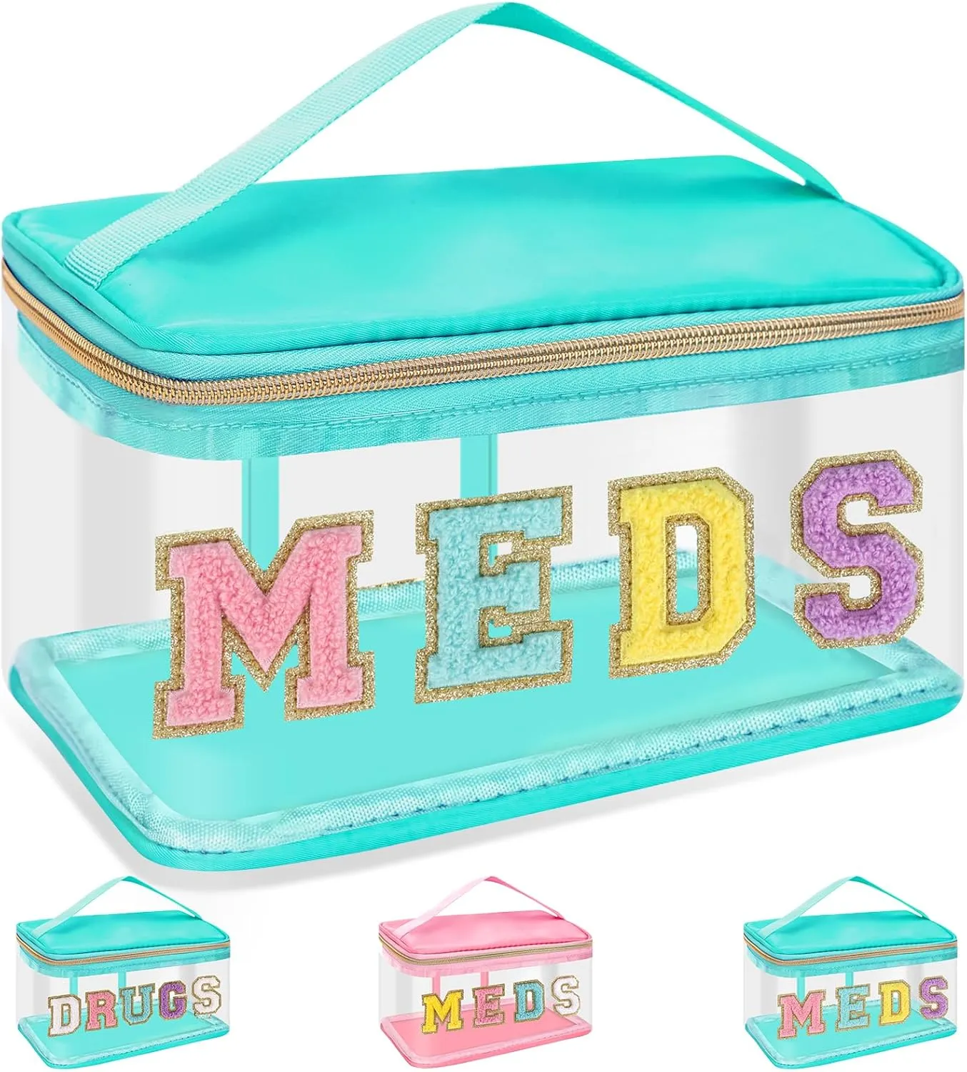 Chenille Letter Bag Clear MEDS Makeup Pouch, Preppy Small Medicine Bag Travel Drugs Pills Zipper Pouch with Handle, Nylon Waterproof Portable Meds Bag Toiletry Organizer for Patient Nurse(MEDS-Green)