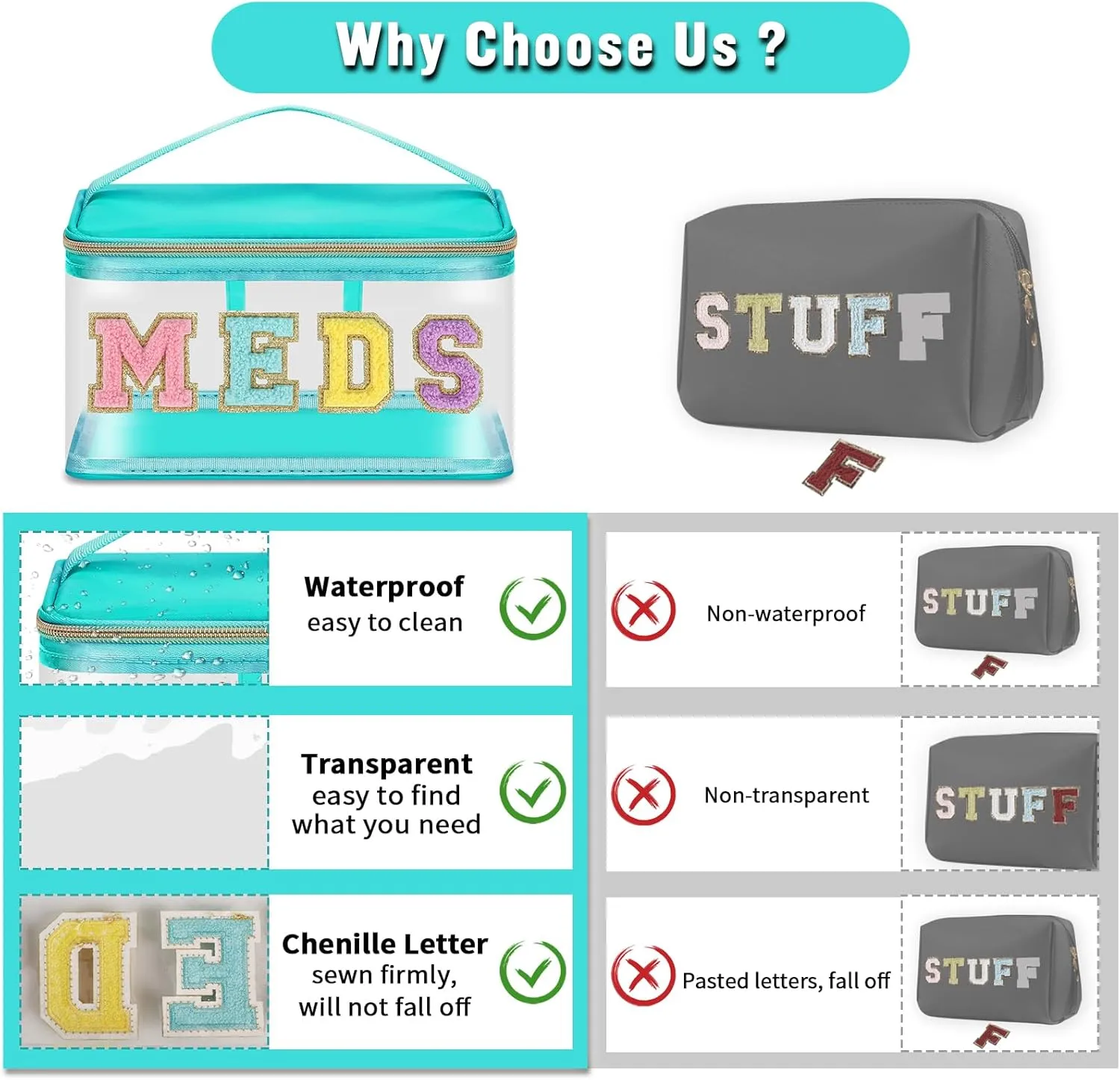 Chenille Letter Bag Clear MEDS Makeup Pouch, Preppy Small Medicine Bag Travel Drugs Pills Zipper Pouch with Handle, Nylon Waterproof Portable Meds Bag Toiletry Organizer for Patient Nurse(MEDS-Green)