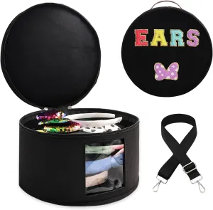 Chenille Letter Bow Mouse Ears Travel Case,Large Round Tiara Tote Storage Box,Headband Ears Display Storage Box with Shoulder Straps for Hairband,Tiara and Hair Accessories Storage Travel Picnic Park
