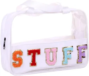 Chenille Letter Clear PVC And PU leather Large Travel Cosmetic Toiletry Storage Bag Waterproof Makeup Tote Bag Organizer Bag for Women(STUFF-White)