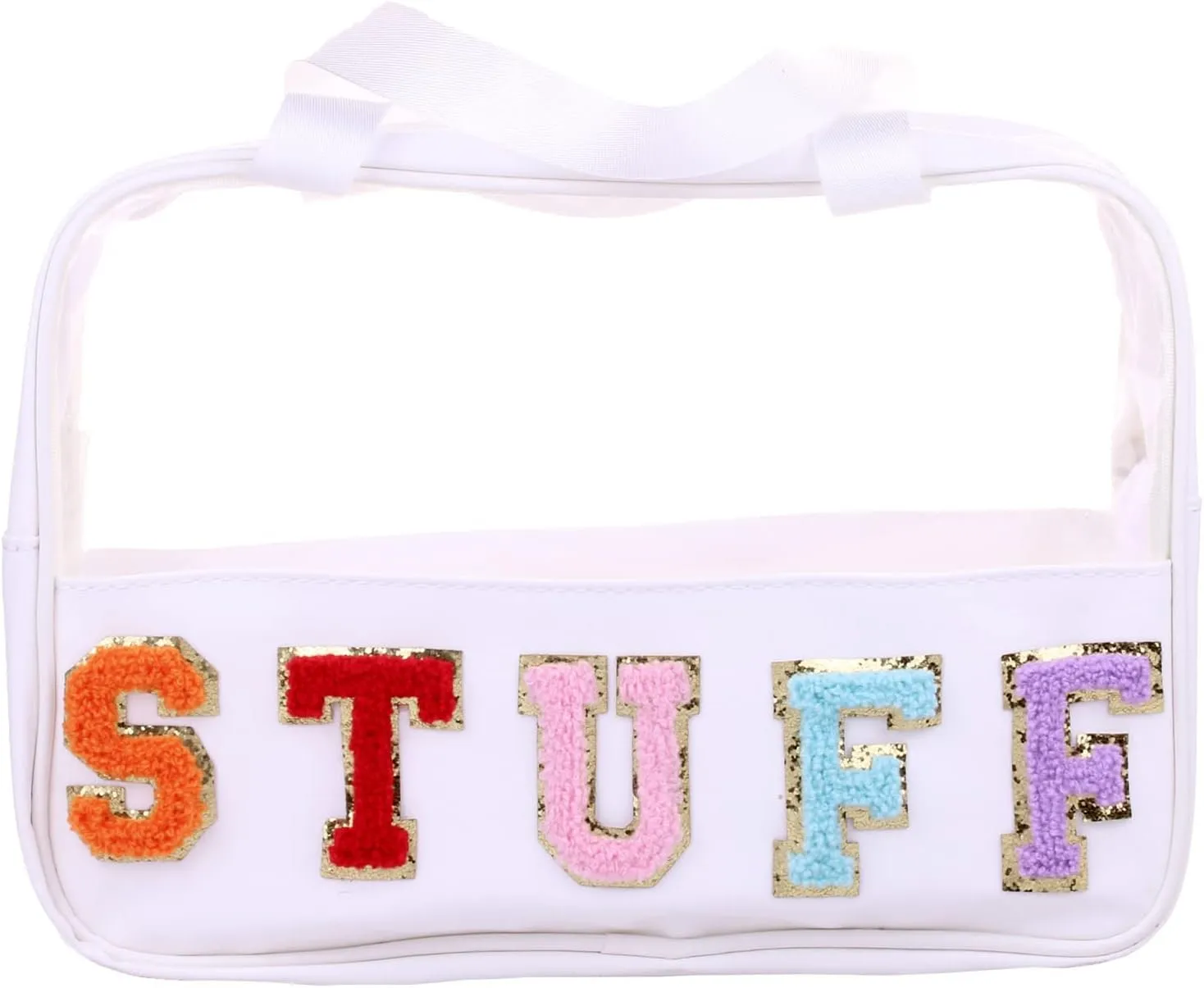 Chenille Letter Clear PVC And PU leather Large Travel Cosmetic Toiletry Storage Bag Waterproof Makeup Tote Bag Organizer Bag for Women(STUFF-White)
