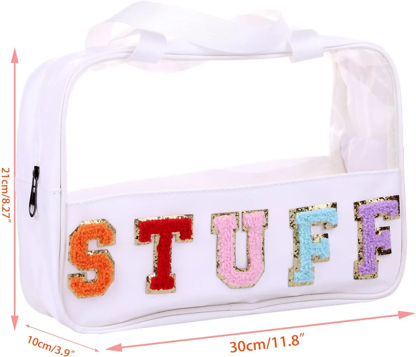 Chenille Letter Clear PVC And PU leather Large Travel Cosmetic Toiletry Storage Bag Waterproof Makeup Tote Bag Organizer Bag for Women(STUFF-White)