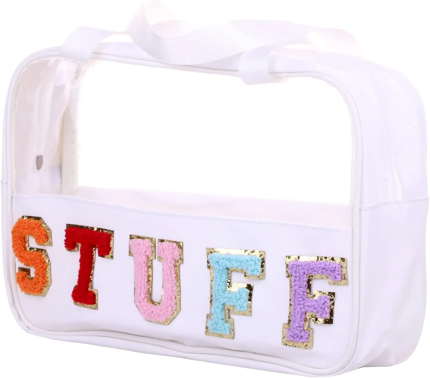 Chenille Letter Clear PVC And PU leather Large Travel Cosmetic Toiletry Storage Bag Waterproof Makeup Tote Bag Organizer Bag for Women(STUFF-White)