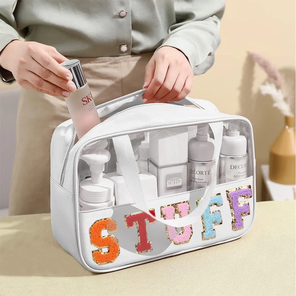 Chenille Letter Clear PVC And PU leather Large Travel Cosmetic Toiletry Storage Bag Waterproof Makeup Tote Bag Organizer Bag for Women(STUFF-White)