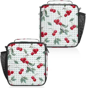 Cherry Berries Insulated Lunch Bag Reusable Waterproofing Lunch Box with Shoulder Strap Handle and Water Bottle Net Bag for Travel Camping Beach Picnic