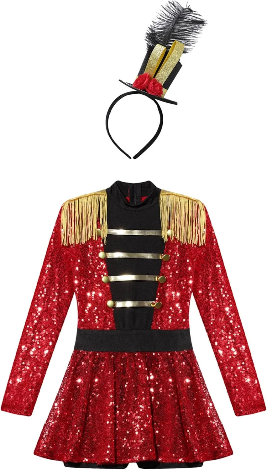 Child Girls Majorette Marching Band Uniform Sets Sequins Tutu Dance Dress with Hat