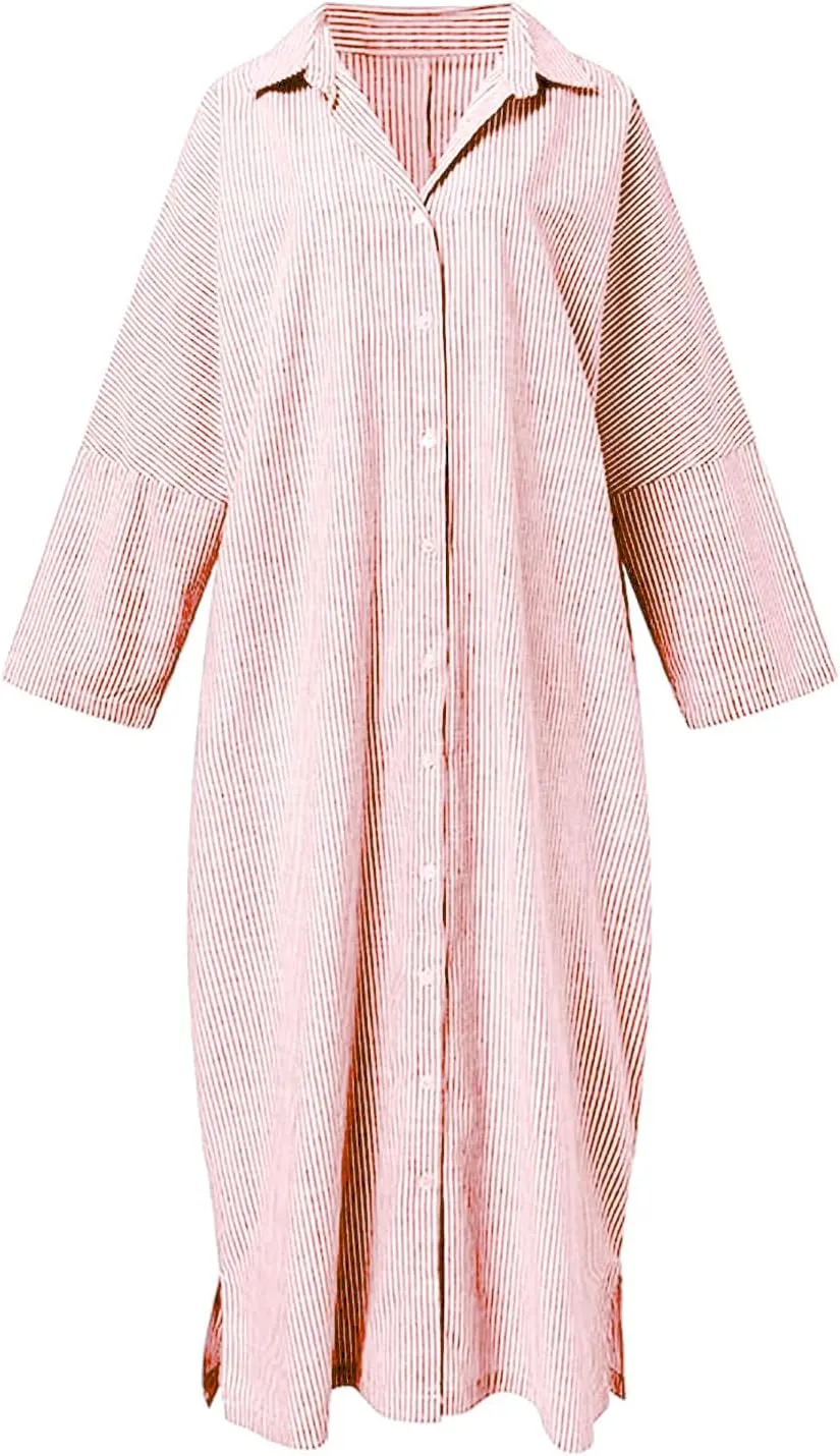 chouyatou Women's Casual Long Sleeve Button Down Loose Striped Cotton Maxi Shirt Dress