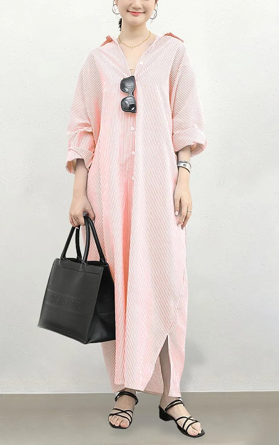 chouyatou Women's Casual Long Sleeve Button Down Loose Striped Cotton Maxi Shirt Dress