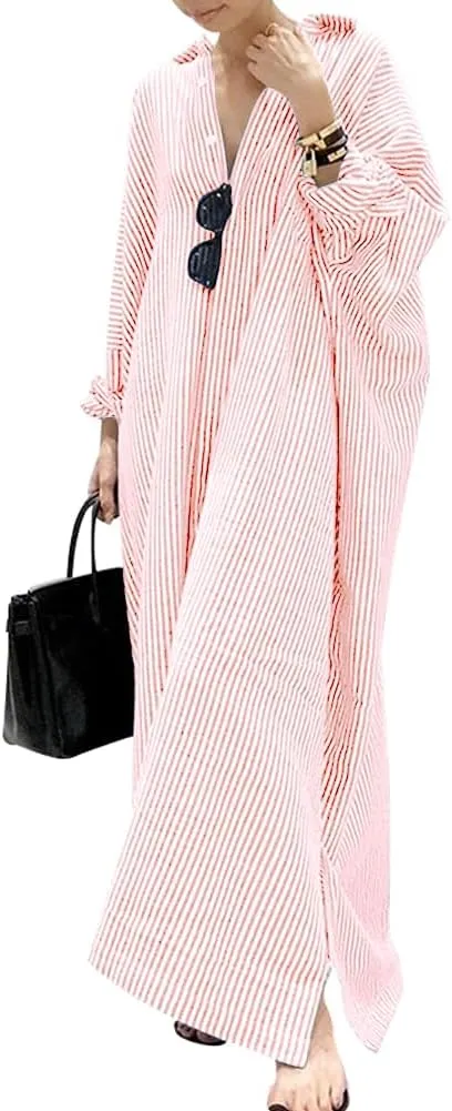 chouyatou Women's Casual Long Sleeve Button Down Loose Striped Cotton Maxi Shirt Dress
