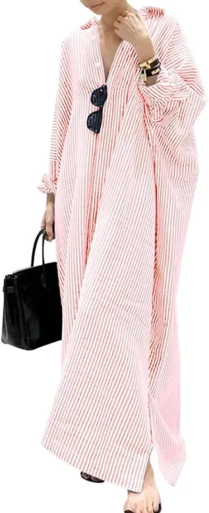 chouyatou Women's Casual Long Sleeve Button Down Loose Striped Cotton Maxi Shirt Dress