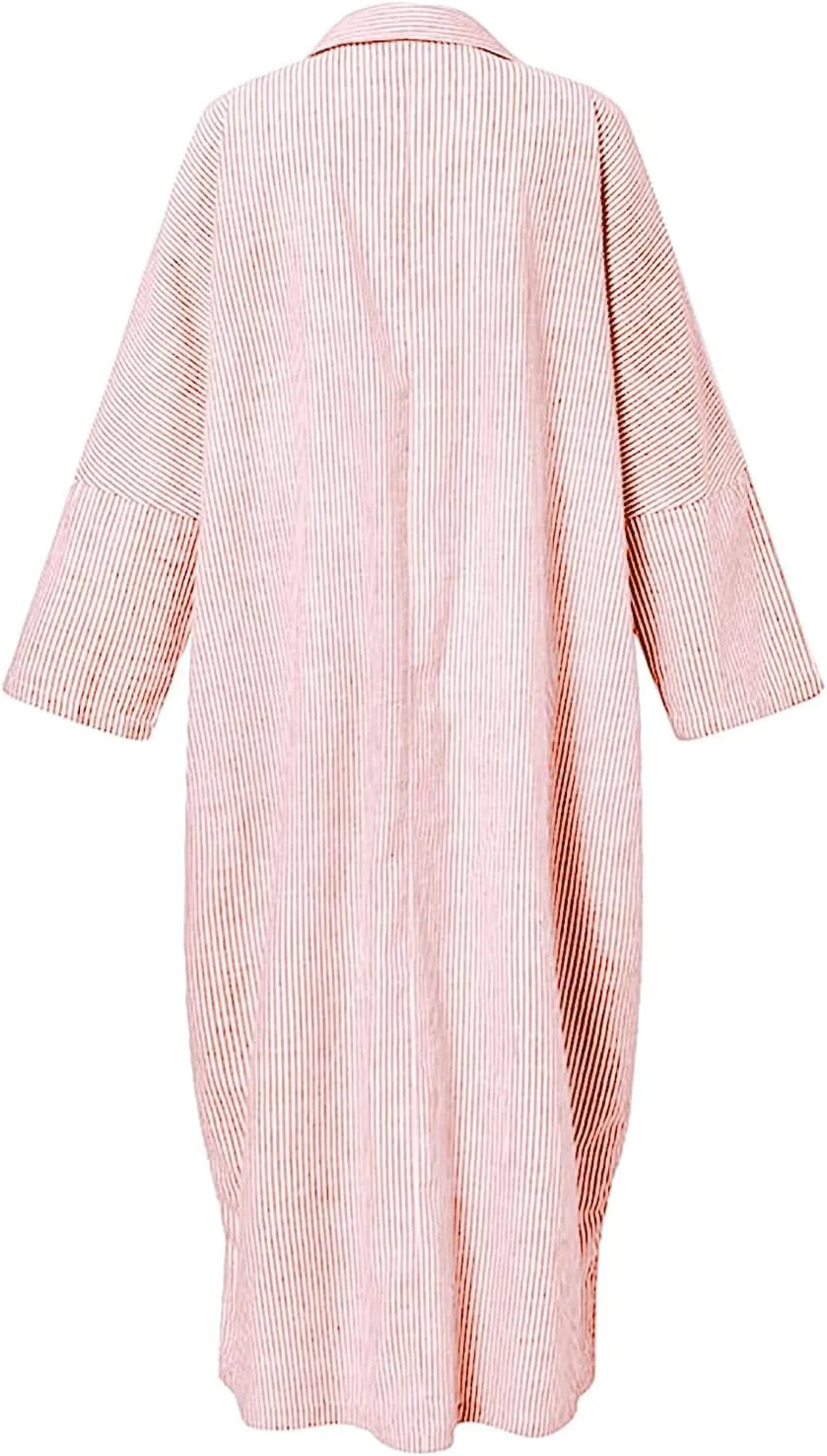 chouyatou Women's Casual Long Sleeve Button Down Loose Striped Cotton Maxi Shirt Dress