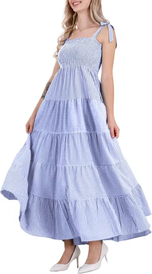 chouyatou Women's Color Block Striped Smocked Maxi Dress Sexy Spaghetti Strap Tiered Flowy Beach Maxi Dress