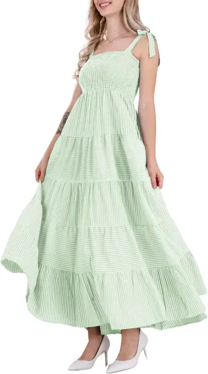 chouyatou Women's Color Block Striped Smocked Maxi Dress Sexy Spaghetti Strap Tiered Flowy Beach Maxi Dress