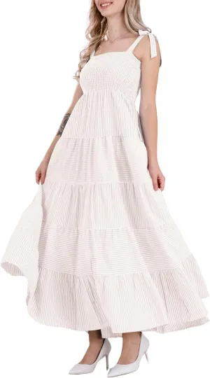 chouyatou Women's Color Block Striped Smocked Maxi Dress Sexy Spaghetti Strap Tiered Flowy Beach Maxi Dress