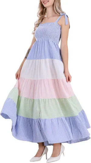 chouyatou Women's Color Block Striped Smocked Maxi Dress Sexy Spaghetti Strap Tiered Flowy Beach Maxi Dress