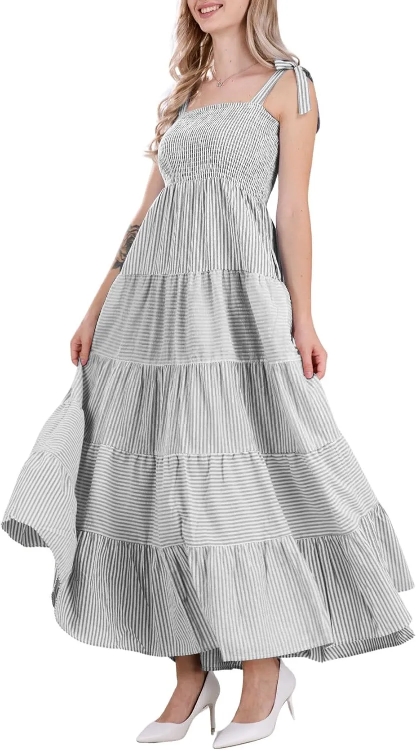 chouyatou Women's Color Block Striped Smocked Maxi Dress Sexy Spaghetti Strap Tiered Flowy Beach Maxi Dress