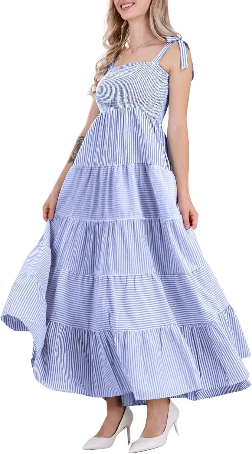 chouyatou Women's Color Block Striped Smocked Maxi Dress Sexy Spaghetti Strap Tiered Flowy Beach Maxi Dress