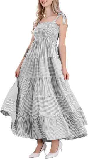 chouyatou Women's Color Block Striped Smocked Maxi Dress Sexy Spaghetti Strap Tiered Flowy Beach Maxi Dress