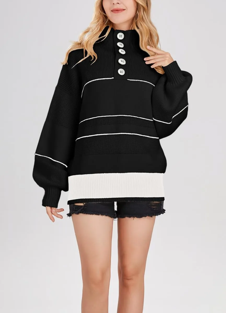 chouyatou Women's Slouchy Waffle Knit Sweater 1/2 Button Polo Collared Pullover Striped Sweater Tops