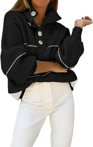 chouyatou Women's Slouchy Waffle Knit Sweater 1/2 Button Polo Collared Pullover Striped Sweater Tops