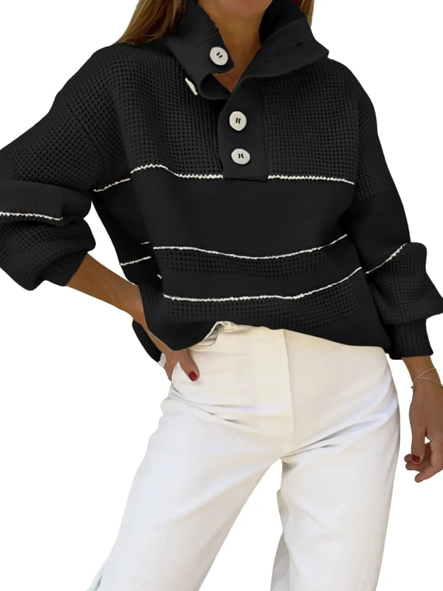 chouyatou Women's Slouchy Waffle Knit Sweater 1/2 Button Polo Collared Pullover Striped Sweater Tops