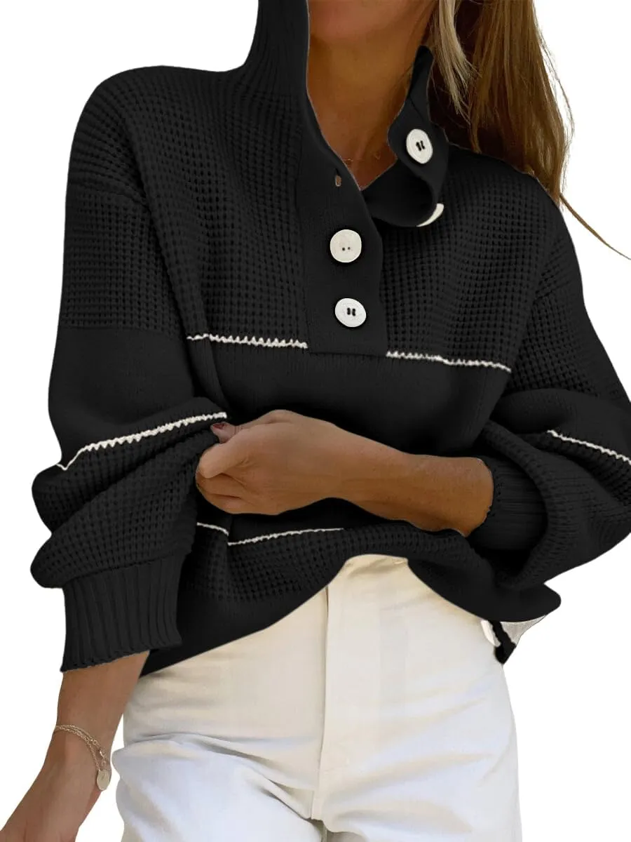 chouyatou Women's Slouchy Waffle Knit Sweater 1/2 Button Polo Collared Pullover Striped Sweater Tops