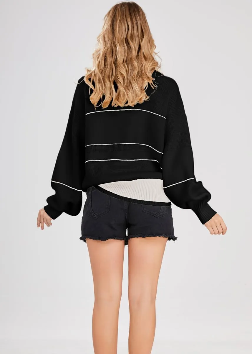 chouyatou Women's Slouchy Waffle Knit Sweater 1/2 Button Polo Collared Pullover Striped Sweater Tops