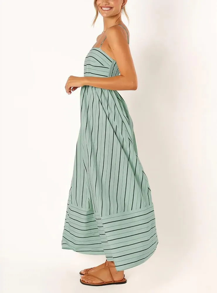 chouyatou Women's Striped Back Smocked Maxi Dress Sexy Spaghetti Strap Cut Out Flowy Swing Long Dress