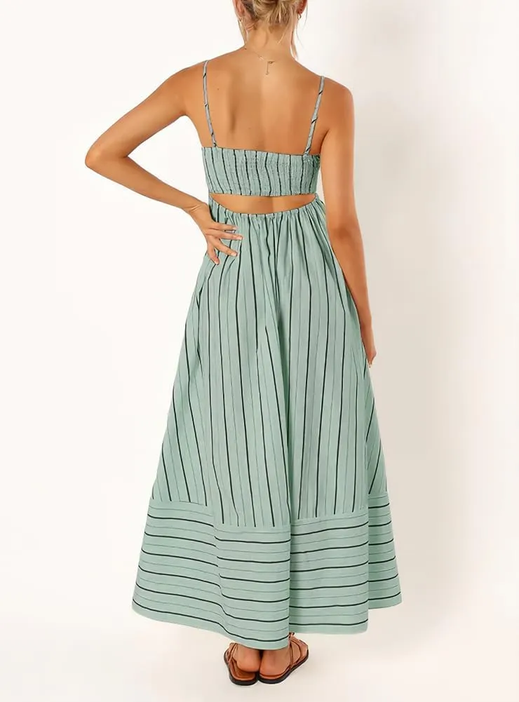 chouyatou Women's Striped Back Smocked Maxi Dress Sexy Spaghetti Strap Cut Out Flowy Swing Long Dress