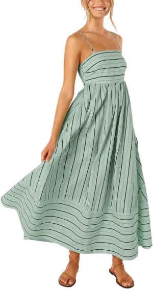 chouyatou Women's Striped Back Smocked Maxi Dress Sexy Spaghetti Strap Cut Out Flowy Swing Long Dress