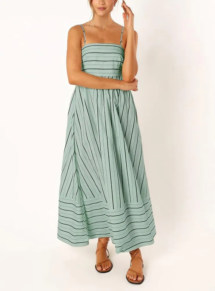 chouyatou Women's Striped Back Smocked Maxi Dress Sexy Spaghetti Strap Cut Out Flowy Swing Long Dress