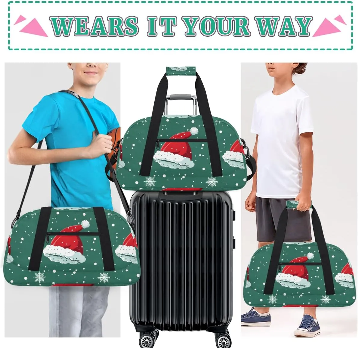 Christmas Hat Boys Girls Gym Bag Dance Perform Training Duffel Bags Weekender Carry-On Tote Luggage Bag Ideal for School Practice or Overnight Trips Red Hat
