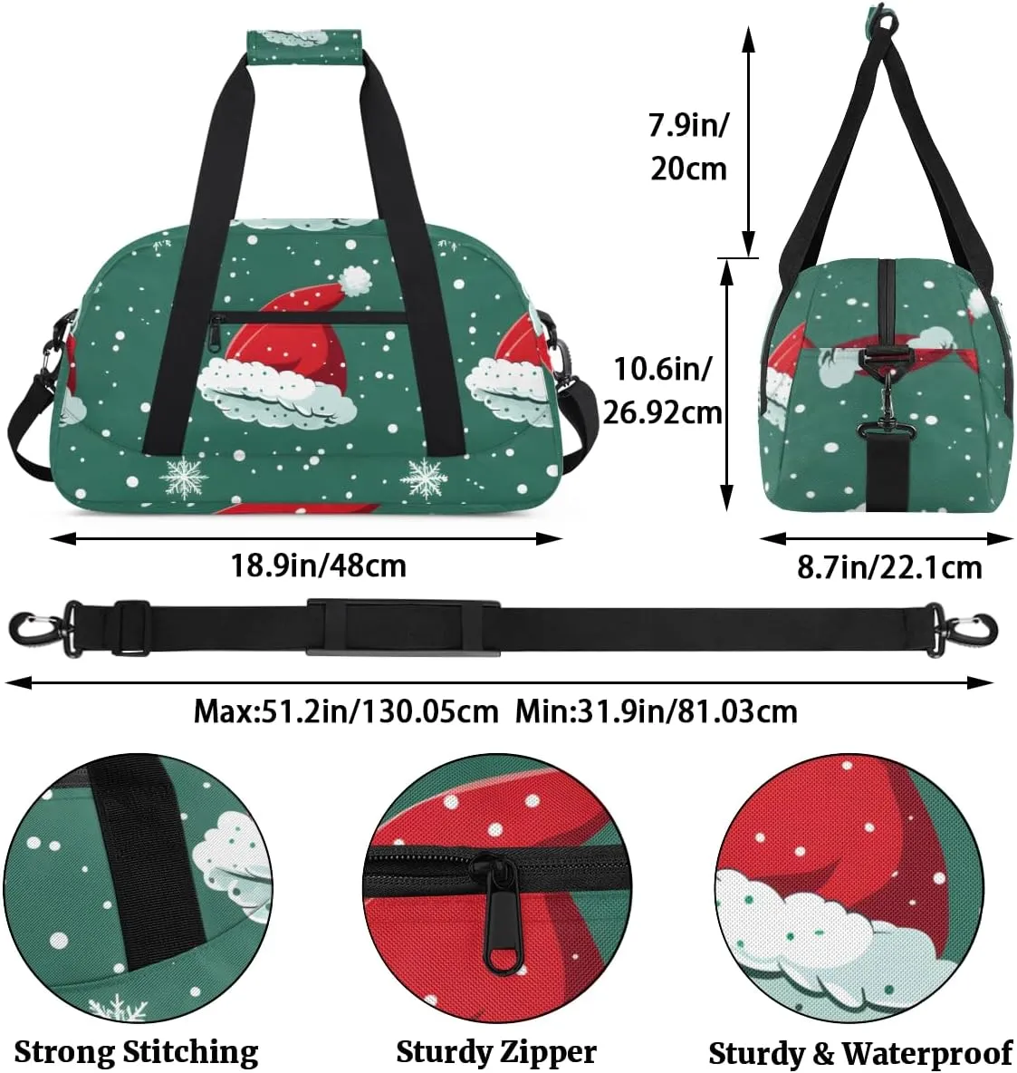 Christmas Hat Boys Girls Gym Bag Dance Perform Training Duffel Bags Weekender Carry-On Tote Luggage Bag Ideal for School Practice or Overnight Trips Red Hat