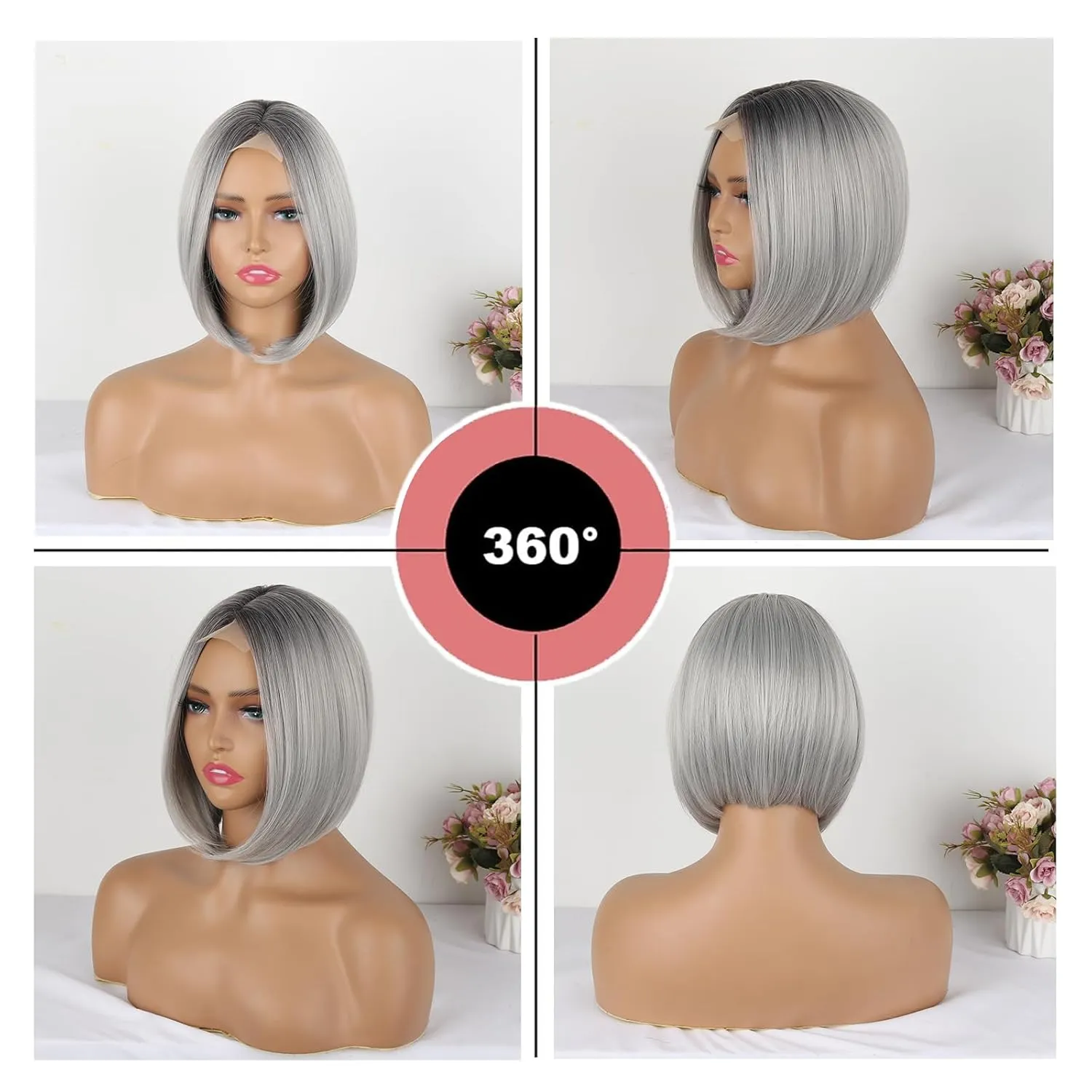 CINHOO Short Bob Hair Wig for Women Angled Bob with Dark Roots 10-12inch Gray Bob Wigs for Women Olivia Lace Front Wig Synthetic Shoulder Length Wigs for Women Sharp Inverted Bob Wig