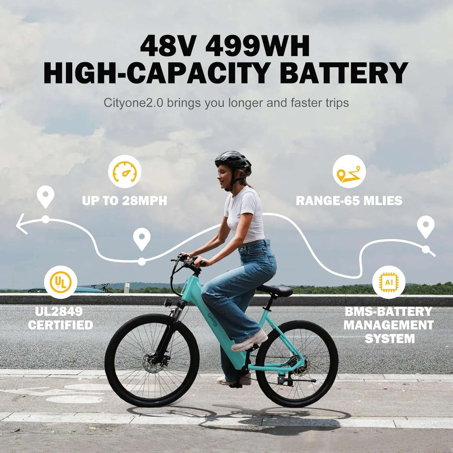 Cityone 2.0 Electric Bike for Adults,Up to 65Miles,28MPH,1200W Peak Motor 26" Ebike,499WH UL2849 Certified Battery Electric Commuter Bicycle with Front Suspension & 7-Speed Ebikes