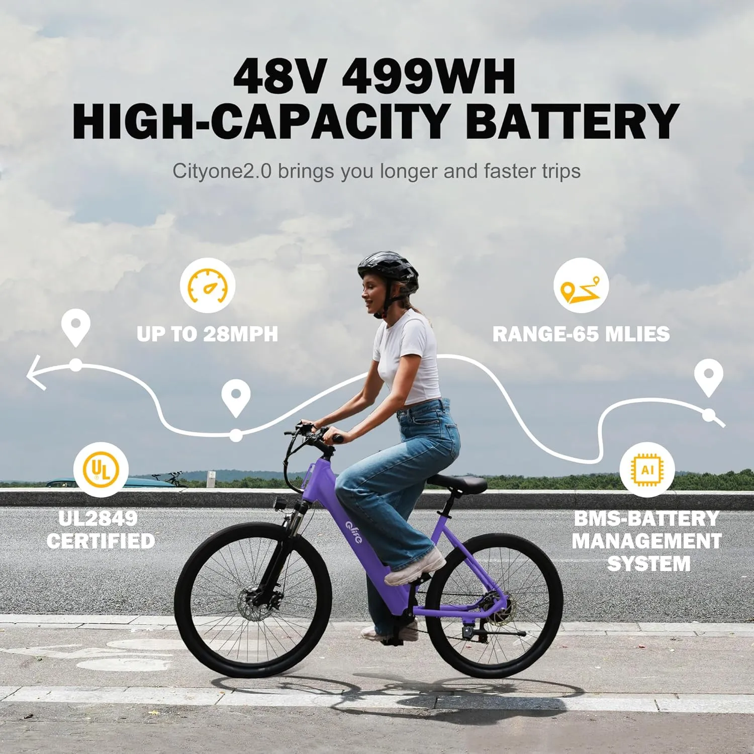 Cityone 2.0 Electric Bike for Adults,Up to 65Miles,28MPH,1200W Peak Motor 26" Ebike,499WH UL2849 Certified Battery Electric Commuter Bicycle with Front Suspension & 7-Speed Ebikes