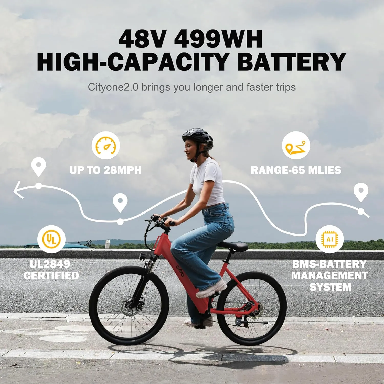 Cityone 2.0 Electric Bike for Adults,Up to 65Miles,28MPH,1200W Peak Motor 26" Ebike,499WH UL2849 Certified Battery Electric Commuter Bicycle with Front Suspension & 7-Speed Ebikes