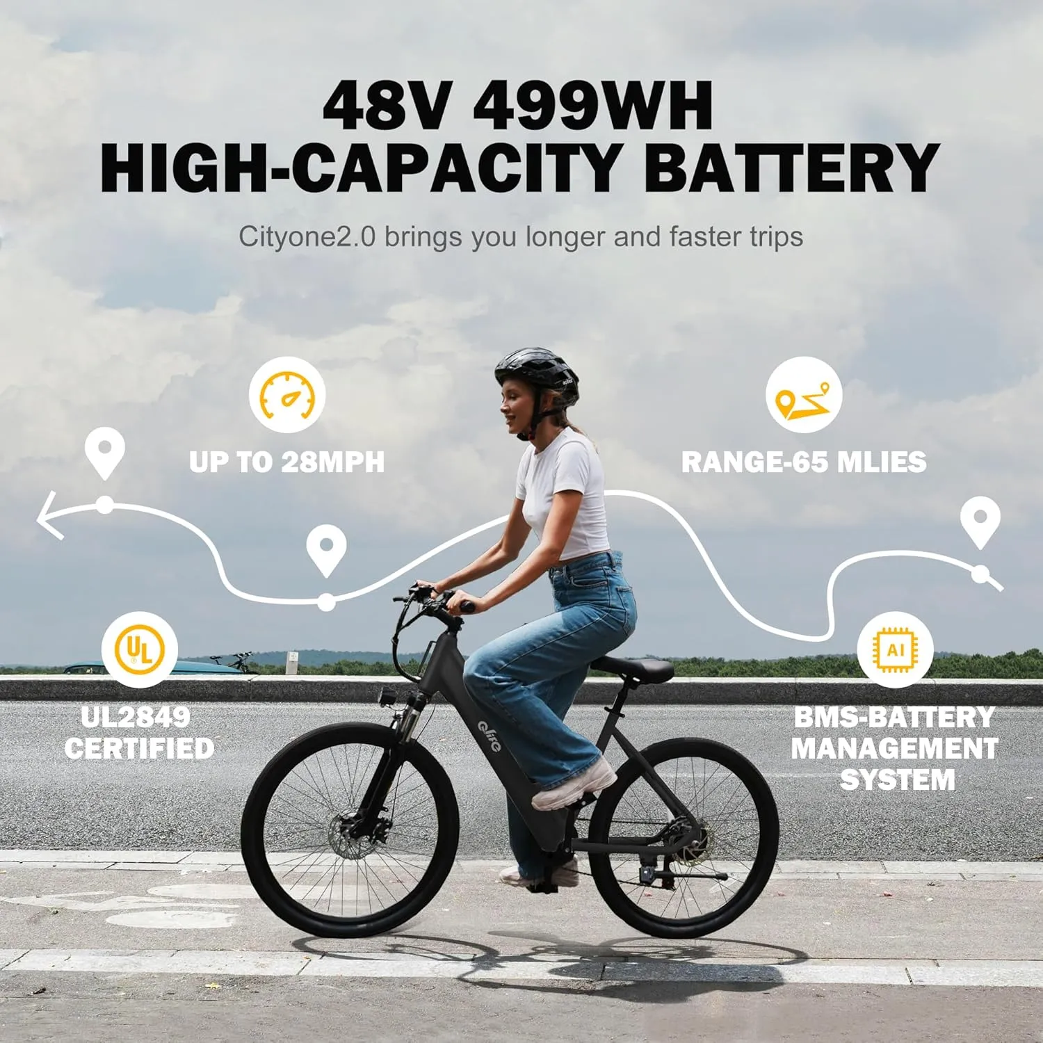 Cityone 2.0 Electric Bike for Adults,Up to 65Miles,28MPH,1200W Peak Motor 26" Ebike,499WH UL2849 Certified Battery Electric Commuter Bicycle with Front Suspension & 7-Speed Ebikes